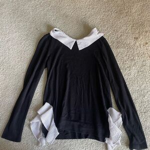 Black Long Sleeve Top with Polka Dot Collar and Ruffles